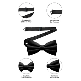 Trimming Shop Satin Classy Neck Bow Tie Solid Black Colour Adjustable Butterfly Pretied Bowtie Tuxedo Men Women Kids Formal Casual Party Wear Fashion Accessory