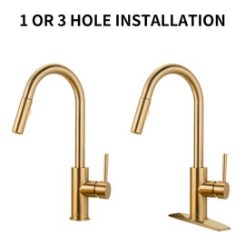 FORIOUS Gold Kitchen Faucet with Pull Down Sprayer, Kitchen Faucet Sink Faucet with Pull Out Sprayer, Single Hole and 3 Hole Deck Mount, Single Handle Copper Kitchen Faucets, Champagne Bronze