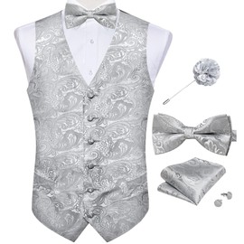 DiBanGu Mens Paisley Suit Waistcoat,Silk Dress Vest and Bowtie Pocket Square Cufflinks with Lapel Pin Set for Wedding Tuxedo, Grey Silver, XX-Large