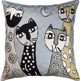 Kashmir Designs Picasso Cat Pillow Cover | Gray Cat Pillows | Cute Cat Pillow | Abstract Cat Cushion | Cat Face on Pillow | Kitty Accent Pillows | Cat Lover Gift | Hand Embroidered Wool Size - 18x18
