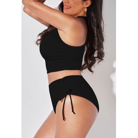 Pink Queen Women's Scoop Neck Racerback Ruched Crop Top High Waisted Bikini Sets 2 Piece Bathing Suit Swimsuit Black L