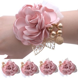 Axnhbubu 4pcs Pink Rose Wedding Girl's Wrist Corsage Bracelets,Bride Bridesmaid Pearl Bracelet,Women's Hand Flowers for Wedding Party Prom Decro,Homecoming Corsage.
