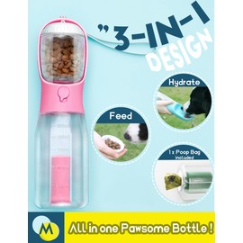 MoonyMars Portable Dog Water Bottle, 3-in-1 Dog Travel Water Bowl with Food Container & Poop Bag Holder, Pet Water Dispenser Summer Outdoor Walking Hiking Accessories for Large Girl Dog - Pink, 20oz
