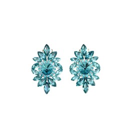 Faship Teal Rhinestone Crystal Floral Clip On Earrings - Teal