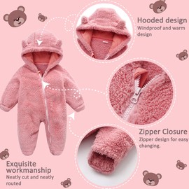 Unisex Infant Baby Snowsuit Cute Cartoon Bear Jumpsuit Fleece Romper Suits Thin Coat Outfit Suit for Newborn Baby Boy Girl Pink 0-3Months
