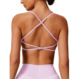 ABOCIW Sports Bras for Women Seamless Backless Workout Gym Bra Open Back Strappy Low Support Criss-Cross Yoga Bra Crop Tank Top Seamless Pink Small