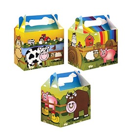 Diamante Crafts 6 Party Boxes -Themed Character Cardboard Lunch Food Loot Treat Box - 22 Designs (6 - Farm Boxes - HB)