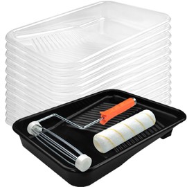 Great Andrew 9 Inch Paint Tray Set, 15-Pack, Plastic Paint Tray with 12 Textured Tray Liners, Paint Roller Liners Kit with Roller and Wire Roller Frame for Painting Walls, Ceilings, Trim, Siding