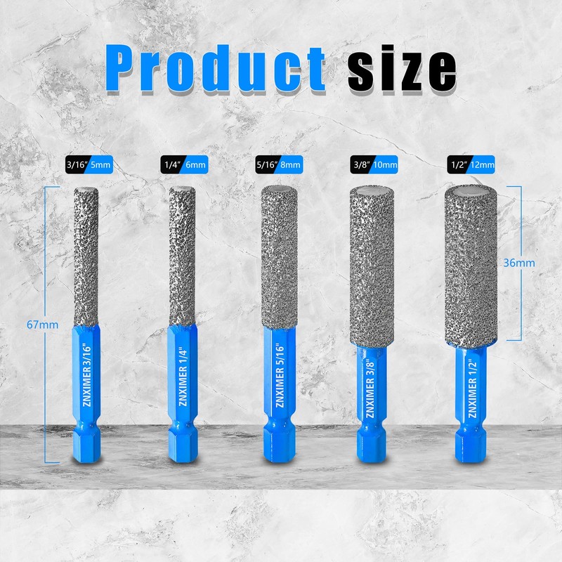 ZNXIMER 5pcs Diamond Drill Bits Set for Ceramic, Porcelain, Glass,