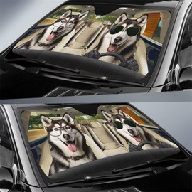 Funny Husky Dog Driving Auto Sun Shade Car Windshield Window Cover,Holiday Sun Visor UV Protector Sunshade for Car Truck Vehicle SUV Van,Family Pet Car Decor,Keep Your Vehicle Cool