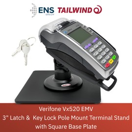 ENS Tailwind Verifone Vx520 EMV 3" Latch and Key Lock Compact Pole Mount Terminal Stand with Square Freestanding Mobility Base Plate, Black