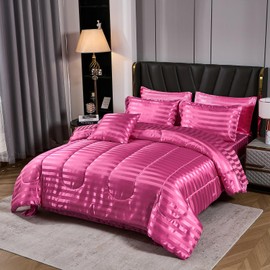 Merryword Stripe Hot Pink Satin Bed in a Bag 8 Pieces King Size Luxury Silky Bedding Set Cooling Comforter Set with 1 Comforter, 4 Pillowcases, 1 Flat Sheet, 1 Fitted Sheet, 1 Cushion Cover