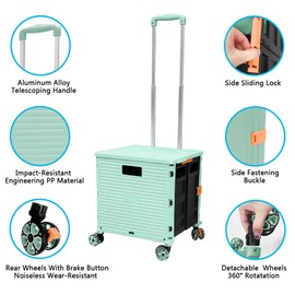 FELICON SELORSS Foldable Utility Cart Folding Portable Rolling Crate Handcart with Durable Heavy Duty Plastic Telescoping Handle Collapsible 4 Rotate Wheels for Travel Shop Move Luggage Office(Green