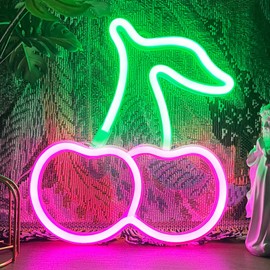 VIFULIN Cherry Neon Sign Pink Cherry Themed Gifts LED Neon Light Sign for Bedroom Cherry Room Decor Cherry Party Decoration USB/Battery Powered Cherry Gifts Cherry Stuff Wall Art Cherry Gift for Women