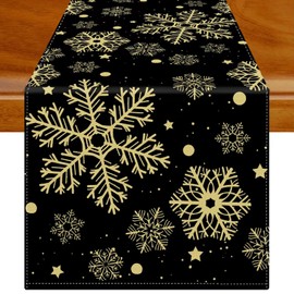 Christmas Table Runner Black Gold Snowflake Xmas Table Runner Seasonal Washable Winter Modern Linen Table Decorations for Party Holiday Kitchen Dining 33 x 183 cm