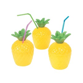 Fun Express 12 Pieces Plastic Pineapple Cups, Holds 10 oz, BPA Free Plastic, Party Supplies, Drinkware, Sipper & Molded Cups, Yellow & Green