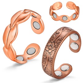 Vicmag 2PCS Copper Rings for Women Ultra Strength Magnetic 99.99% Solid Pure Copper Adjustable with Gift Box (2 pcs Copper Leaf & Flower)