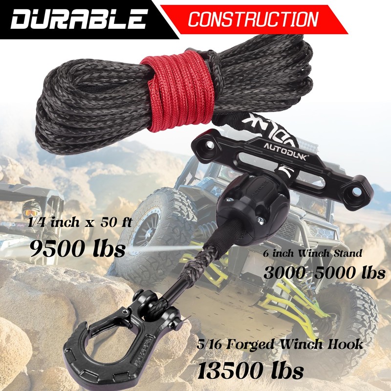 AUTODUNK 3/16" x 50ft Synthetic Winch Rope Kit 8,450LBS with