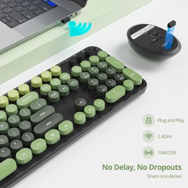 Guffercty kred Dark Green Keyboard and Mouse Wireless, Retro Typewriter Cute Colorful Wireless Keyboard Full-Size 2.4GHz with Round Keycaps for Desktop Laptop and PC(Black Green)