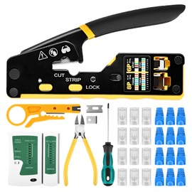 RJ45 Crimping Tool Kit - Network Tool Kit with Crimping Tool, LAN Tester, Stripper & More | Ideal for CAT5e, CAT6, CAT6A & CAT7 Cables | Includes 50 CAT6 Connectors & Protective Caps