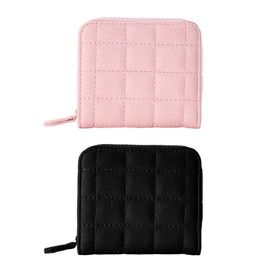 MEMOFYND 2 Pieces Square Purse, Cute, Portable, Simple, Women Girls Short Buckle Money Clip, Card Holder, Clutch Bag, Suitable for Shopping, Dining, Travel(Pink, Black), Pink, Casual