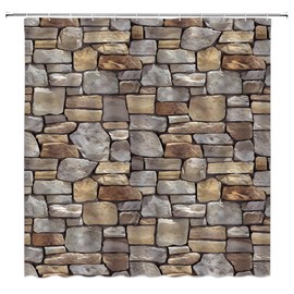 GCTNBJL Brick Wall Shower Curtain Vintage Brown Gray Stone Rocks Rustic Country Retro Geometric Wall Square Shaped Bathroom Home Curtain with Hooks,70" Wx70 H