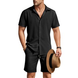 GINGTTO Men Linen Short Sets Cabana Outfits 2 Piece Jamaican Tropical Vacation Outfit for Men Beach Wear Summer Clothes Black M