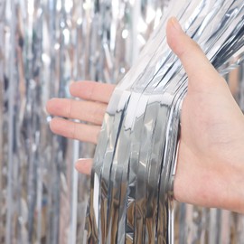 Voircoloria 3.3 x 6.6 ft Foil Fringe Backdrop Curtains, Tinsel Streamers Party Decorations, Fringe Backdrop for Birthday, Baby Shower, Gender Reveal, Graduation (3, Silver)