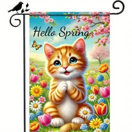 BlissYard Hello Spring Garden Flag 12x18 Vertical Double Sided Cute Cat Outdoor Yard Flag Summer Sping Flower Outdoor Flag Small Farmhouse Seasonal Welcome Spring Garden Flag