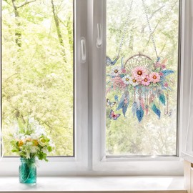 GHHKUD Dream Catcher Flowers Diamond Painting Window Pictures Double-Sided Diamond Painting Pendant with Chain, Diamond Painting Pictures Crystal Window Pictures, Wall Hanging Kits for Window Wall