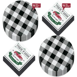 HOME & HOOPLA Buffalo Plaid Christmas Party Supplies - Black & White Checkered Paper Dinner Plates and Tree Farm Lunch Napkins (16 Plates & Napkins)