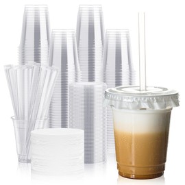 JOLLY CHEF 100 Pack 12 oz Clear Plastic Cups with Lids and Straws, Disposable Iced Coffee Cups with Lids for Smoothies, Milkshakes, Cold Drinks, Includes Paper Lid Liners