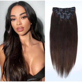Unipearl Straight Clip-In Real Hair Extensions, 50 cm / 20 Inches, 8 Pieces, 120 g, #2 Brown Hair Extensions for Women, Straight Remy Hair Extensions, Clip-In