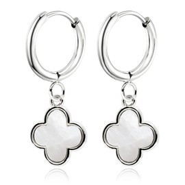 White Four Leaf Clover Dangle Earrings for Women • Mother of Pearl White Lucky Clover Drop Huggie Hoops • Rhodium 925 Silver Plated Jewelry Gifts for Her Mom [CVRE-WH-S]