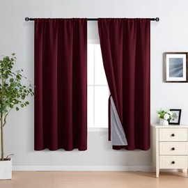 XWZO 100% Burgundy Blackout Curtains 63 Inches Long 2 Panels for Bedroom with Tiebacks, Thermal Insulated Dual-Layered Curtain Full Room Darkening, Noise Reducing Blackout Drape Rod Pocket, W52 x L63
