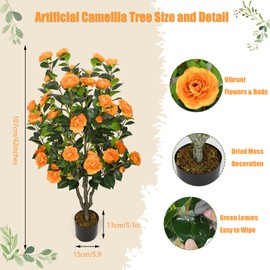 2 Pack 42" Artificial Camellia Tree Faux Floral Trees with 36 Orange Blooming Flowers Tall Camellia Plant in Cement Pot with Dried Moss for Porch Front Door Office Shop Home Room