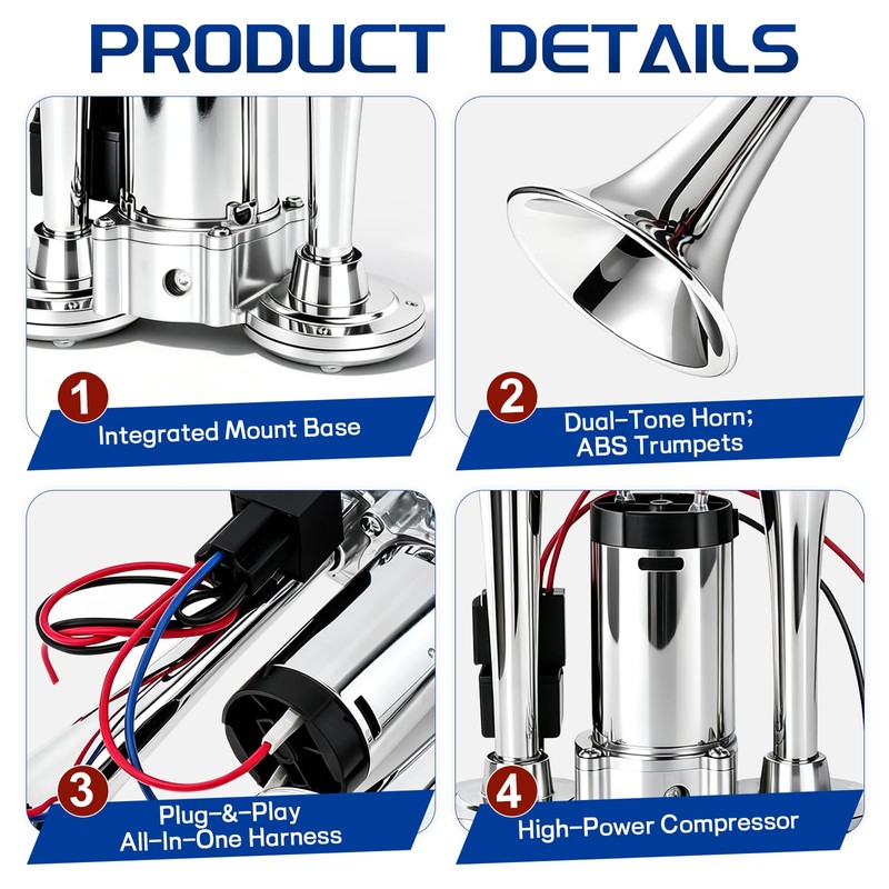BURMONG 12V 600DB Super Loud Electric Air Horn, Silver Dual