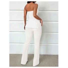 GORGLITTER Women's Flared Pants Set 2 Piece Summer Outfits Strapless Backless Tube Tops and High Waisted Bell Bottoms White Small