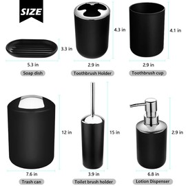 Papillon 6-Piece Bathroom Accessories Set, Toothbrush Holder with Cup, Soap Dispenser & Dish, Toilet Brush, Trash Can, Tumbler Set (Black)