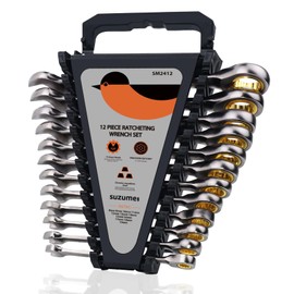 SUZUME 12-Piece Metric Ratcheting Wrench Set (8-19mm) 72T Cr-V 15K+ Cycle Locked Gears Nickel Plated & Organizer for Tight Engine Bays Auto Truck Motorcycle Bike Repair