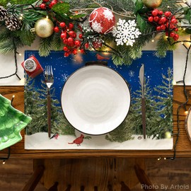 Artoid Mode Snowman Cardinals Trees Blue Christmas Placemats for Dining Table, 12 x 18 Inch Seasonal Winter Birds Xmas Holiday Rustic Vintage Thanksgiving Washable Table Mats Set of 4