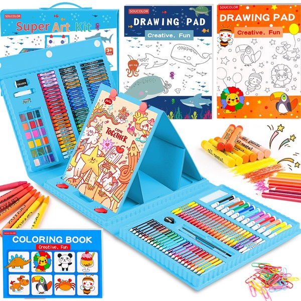 Soucolor Art Supplies, 283 Pieces Drawing Set Art Kits with Trifold Easel, 2 Drawing Pads, 1 Coloring Book, Crayons, Pastels, Arts and Crafts Gifts Case for Kids Girls Boys Teens Beginners (Blue)