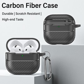 Fofvccv for AirPods 4th Generation Case 2024, Carbon Fiber Texture Case for AirPods 4 Gen with Carabiner Keychain, Military Shockproof Wireless Cover for AirPods 4 XW Black