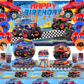 LSJDEER Monster Truck Birthday Party Supplies, Monster Truck Party Decorations Set Including Backdrop, Plates, Cups, Napkins, Tablecloth, Balloons for Children Birthday Party