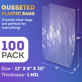 APQ Clear Gusseted Poly Bags, 12 x 8 x 30 Inch. Pack of 100 Gusseted Plastic Bags 1 Mil Thick for Favors with Open Top. Clear Plastic Bags for Packaging Cookies, Popcorn, Candies, Homemade Bread