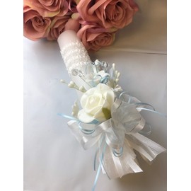 OOKi Baptism Candle - Flowers, Crystals, Cross, Lace & Ribbon Favor - Christening, Blessing Day, Communion - Blue