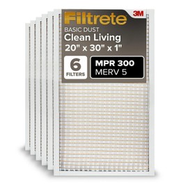 Filtrete Filtrete 20x30x1 AC Furnace Air Filter, MERV 5, MPR 300, Capture Unwanted Particles, 3-Month Pleated 1-Inch Electrostatic Air Cleaning Filter, 6-Pack (Actual Size19.81x29.81x0.81 in)