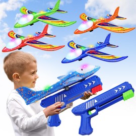 Wesfuner 4 Pack Airplane Launcher Toys, 2 Flight Modes LED Foam Glider Catapult Plane Toy for Boys, Outdoor Flying Toys Birthday Gifts for Boys Girls 4 5 6 7 8 9 10 11 12 Year Old