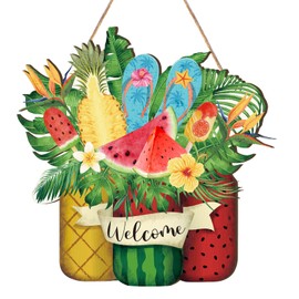 Shellwei Summer Door Sign 12 Inch Wooden Welcome Sign Front Door Decoration Wooden Hanger for Home Bathroom Indoor Outdoor Home Porch Holiday Hanging Decor(Summer)