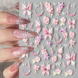 1Pcs Butterfly Nail Art Stickers Decals Pink Butterfly 5D Embossed Nail Decals Diamond Butterfly Nail Sticker for Nail Art Spring Flower Butterfly Nail Supplies Accessories for Women Nail Design Decor